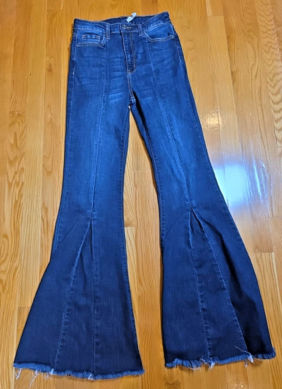 Cello Jeans 7 High Rise Super Flare Dark Wash Raw Hem Stretch Bell Bottom Boho